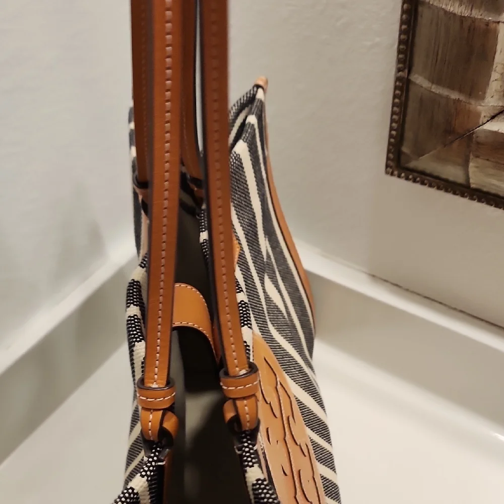 Tory Burch Striped Ella Tan and Black Tote Bag - Picture 9 of 11